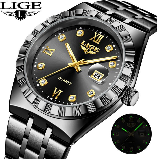 LIGE Armbanduhr Quarz, Edelstahl, Schwarz, Silber, Herren - Bild 1