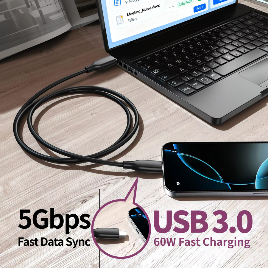 2 Stück USB-C Schnellladekabel 60 W mit USB 3.0 Hochgeschwindigkeits-Datenübertragung in Schwarz - Bild 4