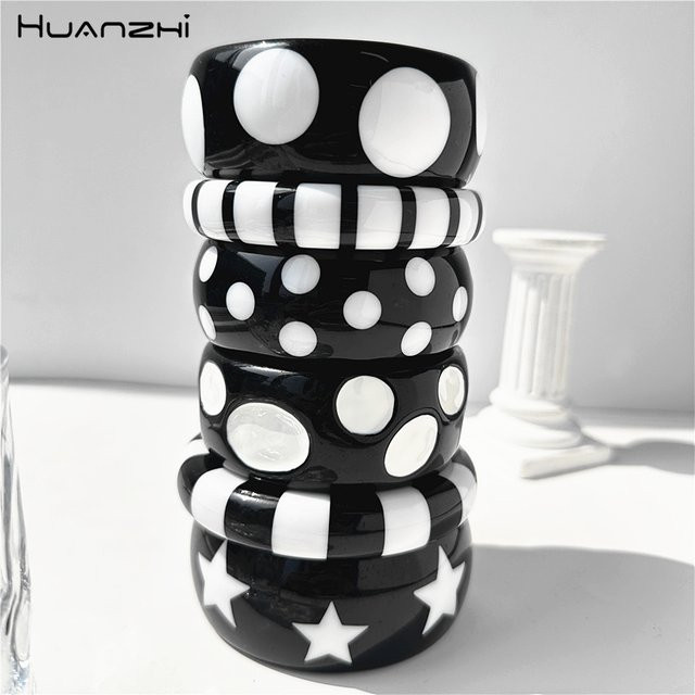 HUANZHI Manschette Armband, Schwarz Weiß Polka Dot Stern, Damen - Bild 1
