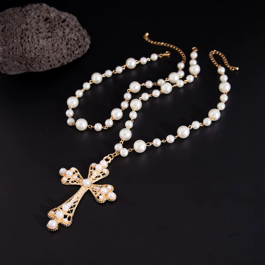IngeSight.Z Choker Halskette, Perle, Jesus Kreuz Anhänger, Gold, Unisex - Bild 2