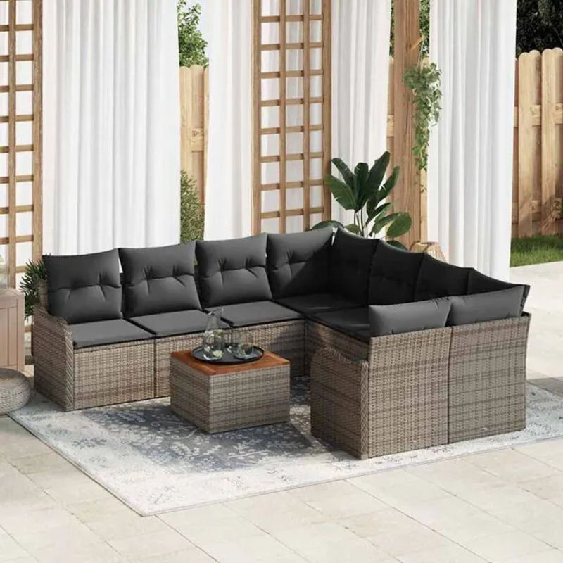 Vidaxl Garten-Sofa-Set aus Polyrattan und Akazienholz in Grau, 9-teiliges Loungemöbel-Set mit Stahlgestell - Bild 1
