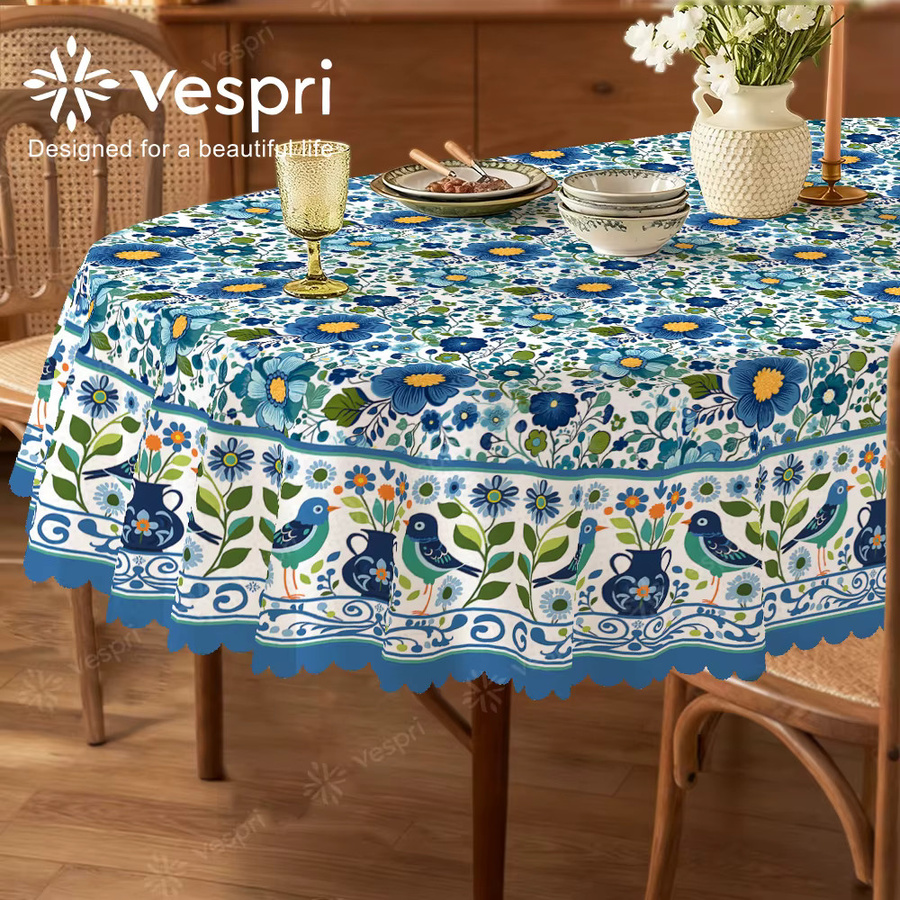 Vespri Frühlingstischdecke mit Blumenmuster und Vögeln in Blau und Weiß aus Polyester für Ostern und Partys - Bild 2