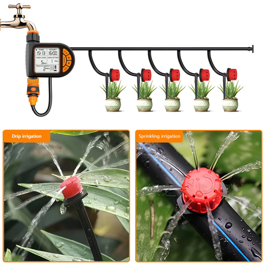 Smart Garten Bewässerung Set mit 20m Schlauch, IPX5 wasserdichter Timer Controller mit LCD-Display und Regensensor, Schwarz - Bild 6