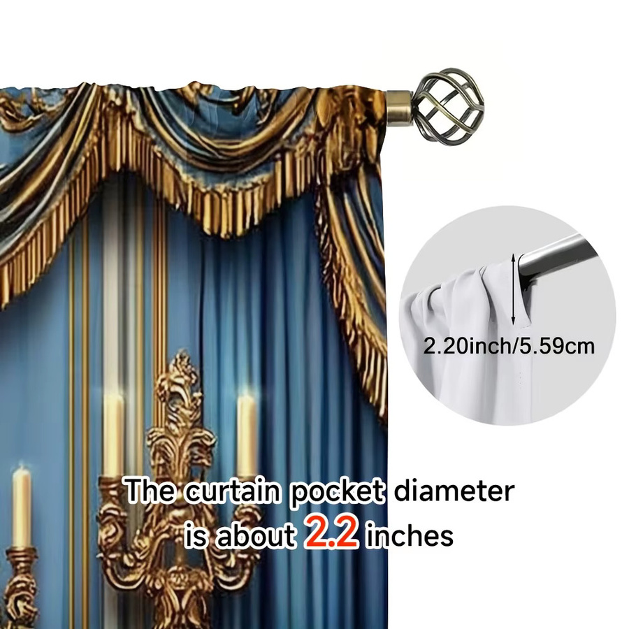 2er-Set Vintage Vorhänge mit europäischem Schloss- und Palastmotiv in Gold und Blau, florale Dekoration für Wohnzimmer und Schlafzimmer - Bild 3