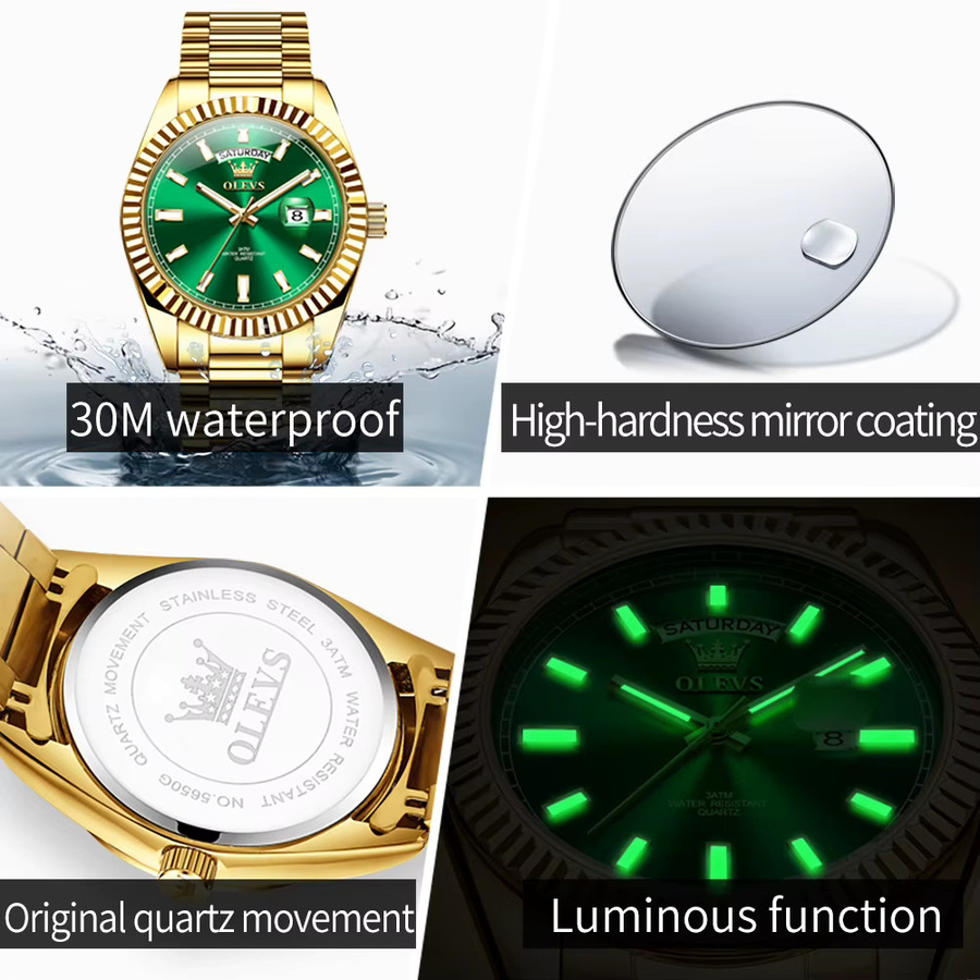 OLEVS Armbanduhr Quarz, Edelstahl, Gold, Grün, Herren - Bild 6