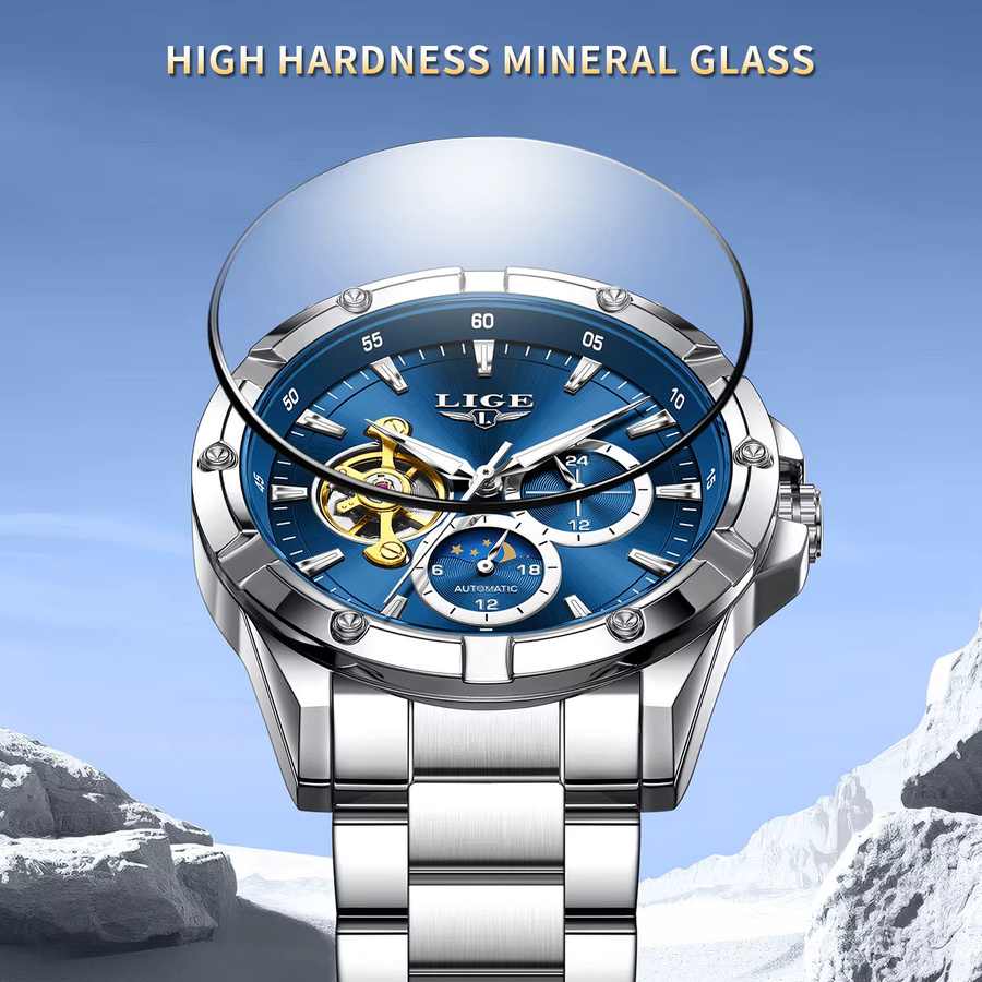 LIGE Armbanduhr Automatik, Edelstahl, Mondphase, Blau, Herren - Bild 6