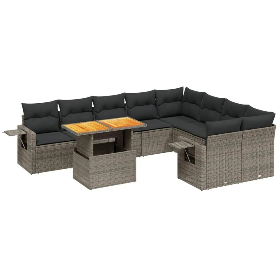 vidaXL 10-tlg. Garten-Sofagarnitur in L-Form aus Polyrattan und Akazienholz mit Kissen in Grau - Bild 2