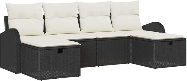 vidaXL Sofa Set 6-teilig aus Poly-Rattan in Schwarz und Beige mit Kissen und Ottoman für Garten, Terrasse oder Balkon - Bild 1