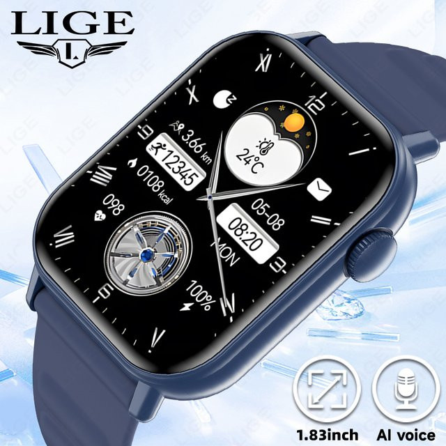 LIGE Smartwatch, 1,83 Zoll, Blau, Silikon, Herren - Bild 1
