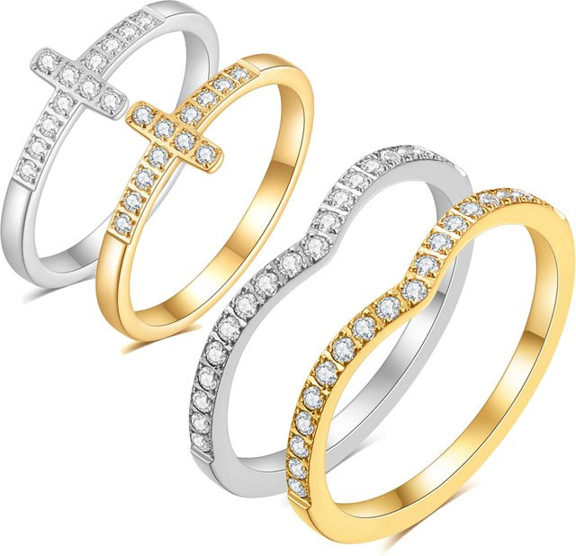 VQYSKO Ring Kreuz-Wellen-Kurvenringe, Bicolor, Zirkonia, Damen - Bild 1