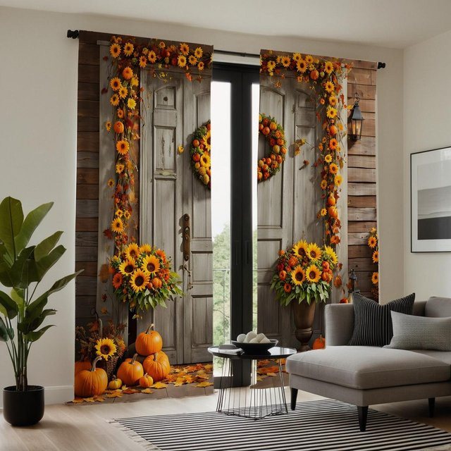 2er-Set Erntedankfest Vorhang mit Sonnenblumen, Kürbis und gelber Schleife, Digital bedruckter Dekorschal in Gelb und Braun, B: 132 cm, H: 160 cm - Bild 1