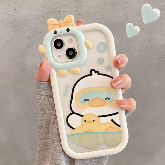 TUNEDEE Weiche Handyhülle Kleines Monster mit gelber Ente für iPhone 16 15 14 13 12 11 Pro Max und weitere Modelle, Transparent/Weiß - Bild 1