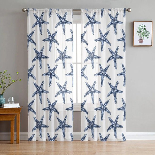 A Family Of Home Textiles Transparenter Voile-Vorhang mit Seestern-Motiv in Marineblau, Breite: 135 cm, Höhe: 160 cm - Bild 1