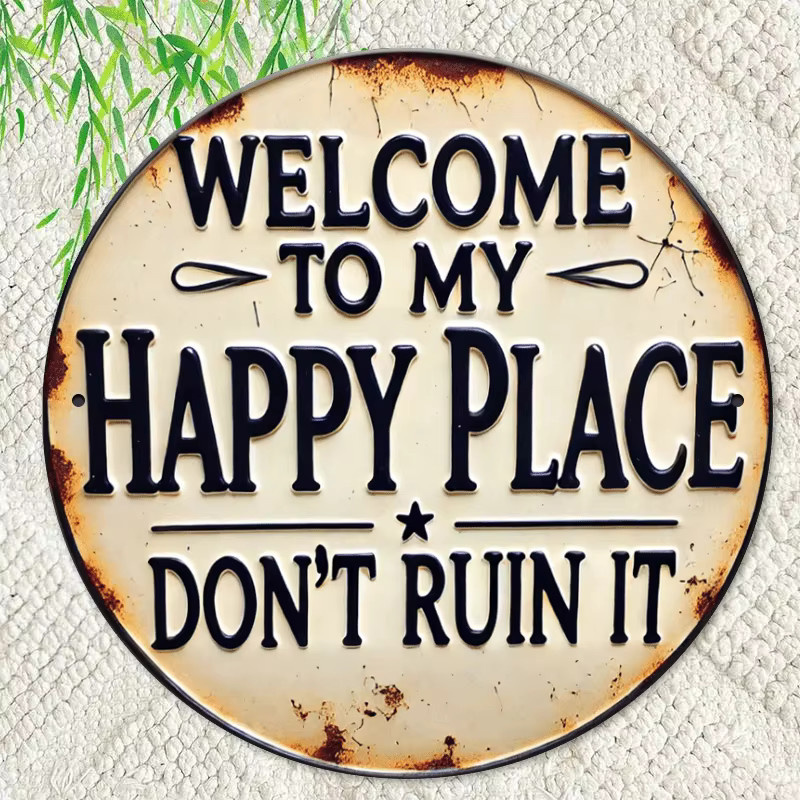 Rundes Metallschild CIFBUY Willkommen bei meinem Happy Place in Beige – Rustikale Eisen-Wandkunst für Schlafzimmer und Küche - Bild 2