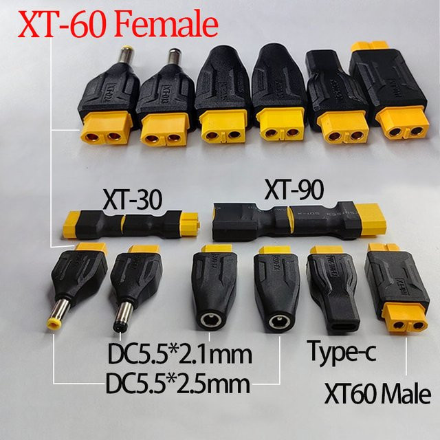 JCD XT60 Adapter auf USB-C und DC 5.5x2.5/2.1mm Konverter für Modellflugzeuge und Outdoor-Energiespeicher in Schwarz - Bild 1
