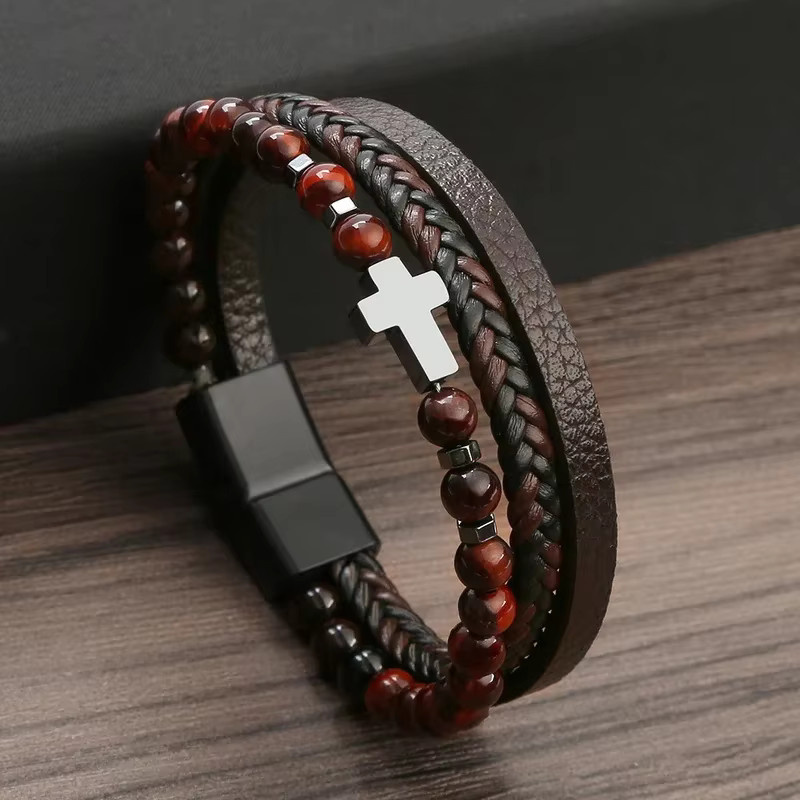 Rinhoo Armband, Leder, Perlen, Schwarz, Unisex - Bild 3