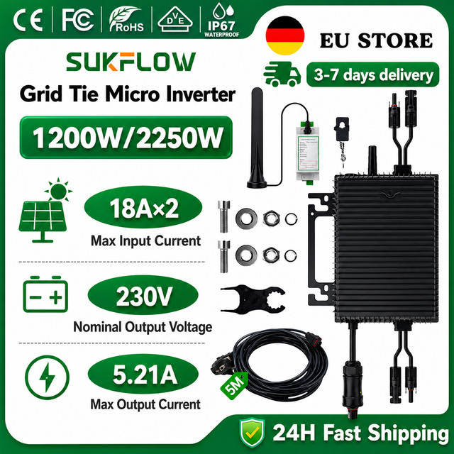 SUKFLOW Zero Export Solar-Mikrowechselrichter 1200W DIY-Heimkit Schwarz, netzgekoppelter 230V Wechselrichter für erneuerbare Energien - Bild 1