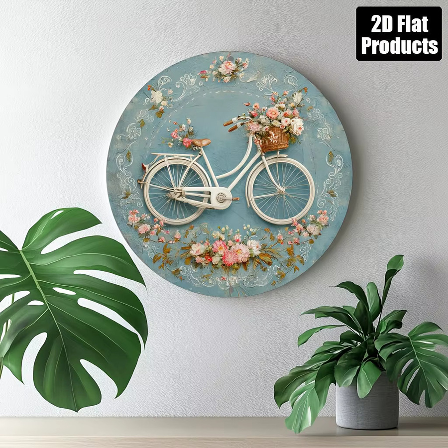 Rundes Vintage Metallschild CIFBUY mit Blumenmuster und Fahrrad-Motiv in Blau, Durchmesser: 20,32 cm - Bild 5