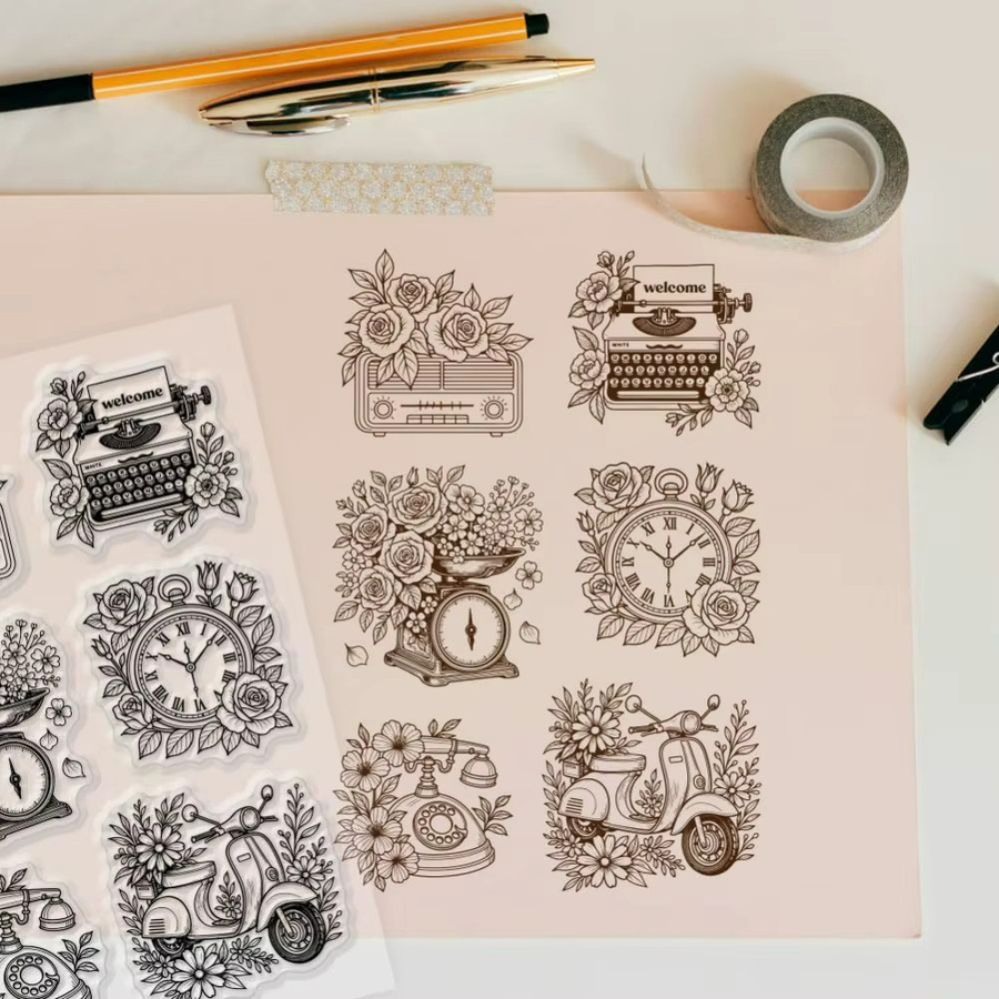 Transparenter Stempel im Vintage-Stil mit Motorrad-Blumenmuster für die Kartenherstellung - Bild 2