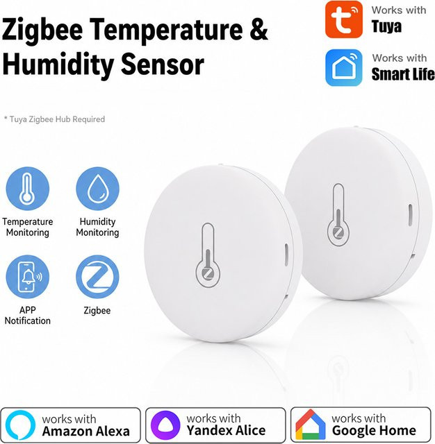 Tuya Zigbee 3.0 Intelligenter Temperatur- und Feuchtigkeitssensor in Weiß mit APP-Fernüberwachung und Kompatibilität für Yandex Alexa für dein Smart Home - Bild 1