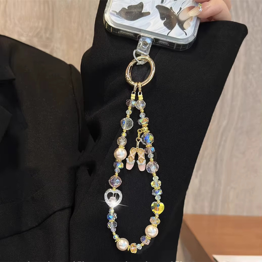 Dolob Kristallperlen-Handykette mit Liebesanhänger und Ballettschuh-Anhänger als Taschenanhänger oder Schlüsselanhänger in Schwarz und Multicolour - Bild 1