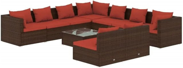 vidaXL 10-tlg. Garten-Lounge-Set in U-Form aus Poly-Rattan mit Kissen und Couchtisch, Braun/Rot - Bild 1