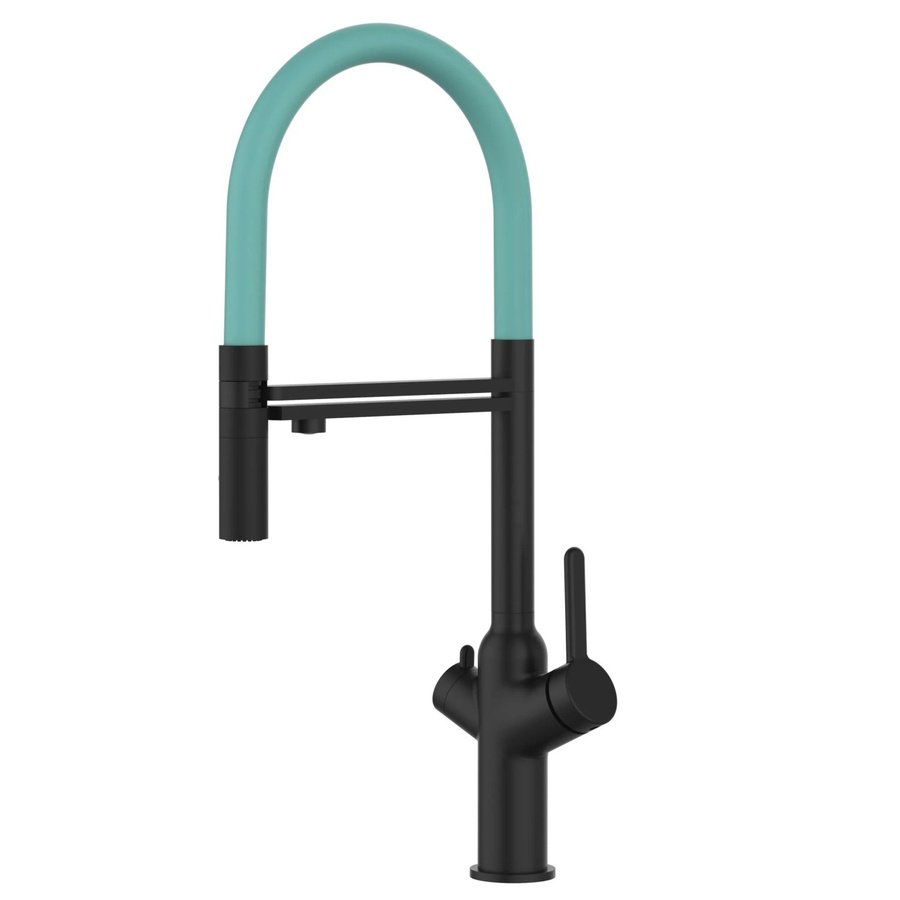 VIZIO Küchenarmatur mit 4-Wege-Wasserhahn, 360 Grad schwenkbarer Auslauf und abnehmbarer 2-Strahl Handbrause, Schwarz Matt und Türkis - Bild 2