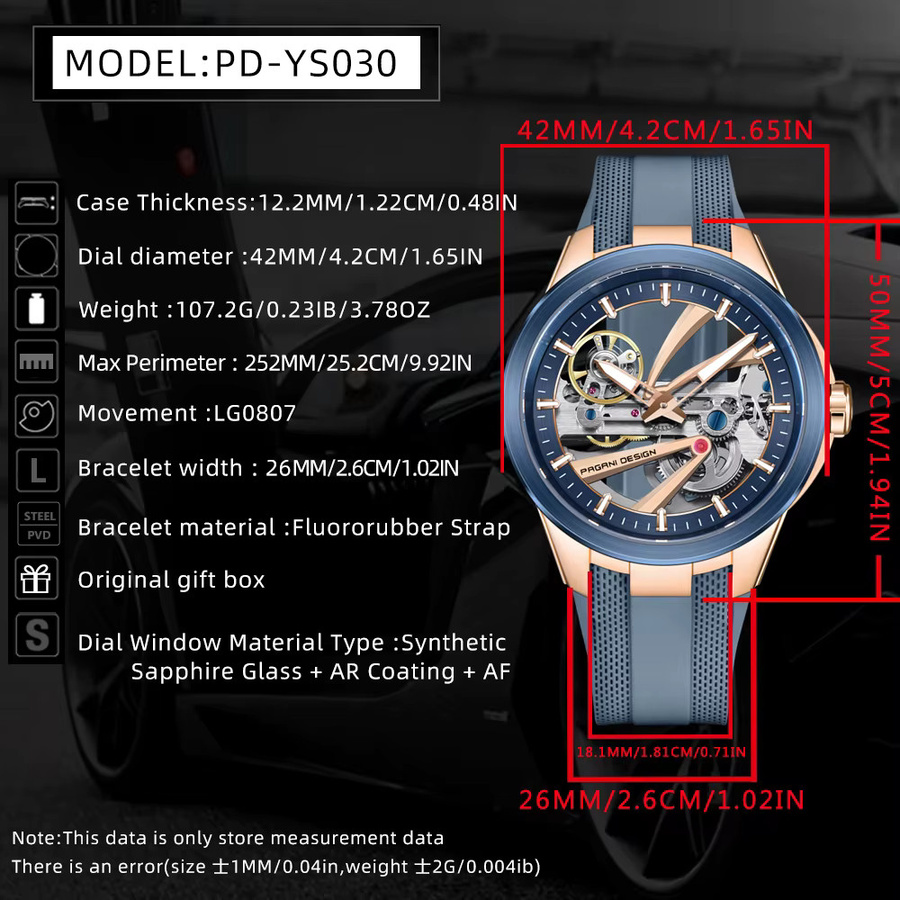 Pagani Design Armbanduhr, Automatik, Skelett, Edelstahl, Silikon, Blau, Herren - Bild 5