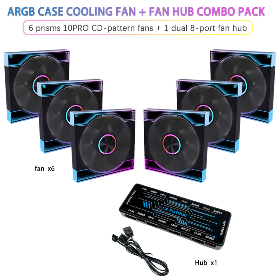 AuyiHomu Prism 10PRO ARGB Gaming-Lüfter Set in Schwarz, 7-teilig mit 6 Lüftern und 1 Hub, PWM Sync und Temperaturregelung für deine PC-Gehäusekühlung - Bild 5