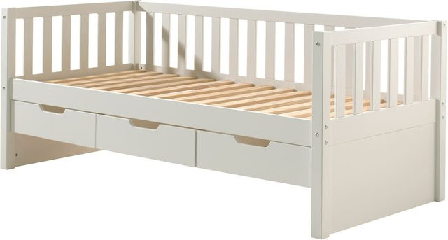 Kojen Bett Fritz von Vipack aus Kiefer mit Sprossenumrandung, 3 Schubladen und Rolllattenrost in Weiß, Liegefläche B: 90 cm, L: 200 cm - Bild 1