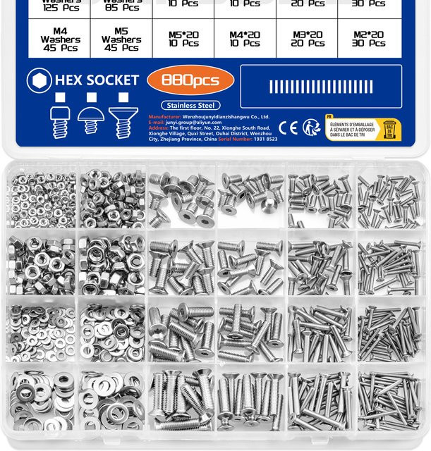 SANJODS Innensechskantschrauben-Set aus Edelstahl 304, 880-teiliges Sortiment mit Senkkopfschrauben in Silber, inklusive Aufbewahrungsbox - Bild 1