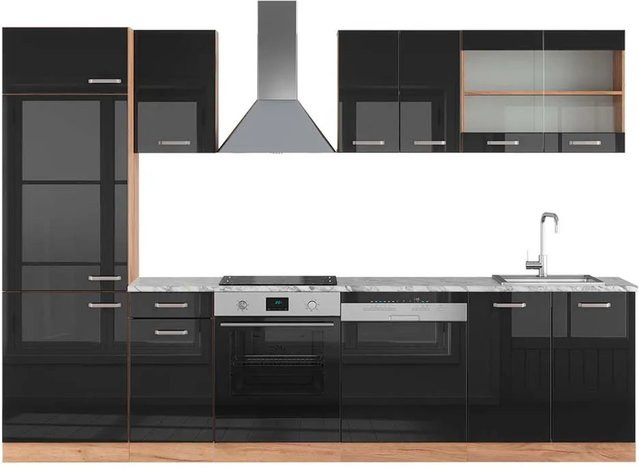 Vicco R-Line Küchenzeile Schwarz Hochglanz und Goldkraft Eiche mit Marmor-Optik, Breite: 300 cm, Höhe: 207 cm, Tiefe: 60 cm - Bild 1