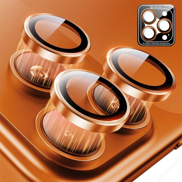 Metall-Kameraring-Schutzkappe für Apple iPhone 17 Pro Max 16 15 Pro Max 14 Plus mit AR+AF HD Rücklinsenglas und Montagehalterung in Transparent oder Orange - Bild 1