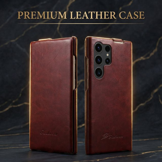 Vertikale Flip Ledertasche für Samsung Galaxy S26 S25 S24 S23 Ultra Plus in Schwarz oder Braun mit matter Hard Shell im Vintage-Design - Bild 1