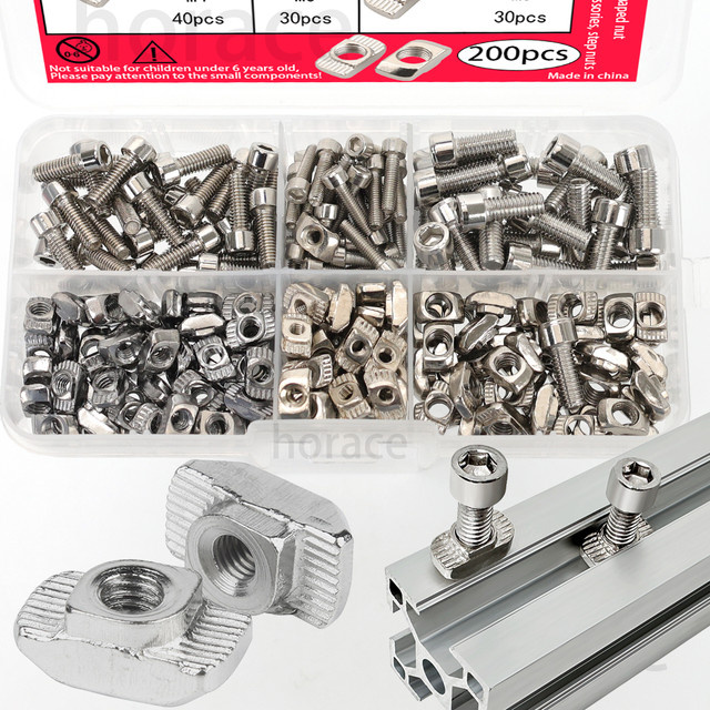 200-teiliges T-Nut- und Schrauben-Set aus vernickeltem Kohlenstoffstahl in Silber für Aluminiumprofile mit M3, M4 und M5 T-Nut-Muttern und Maschinenschrauben - Bild 1
