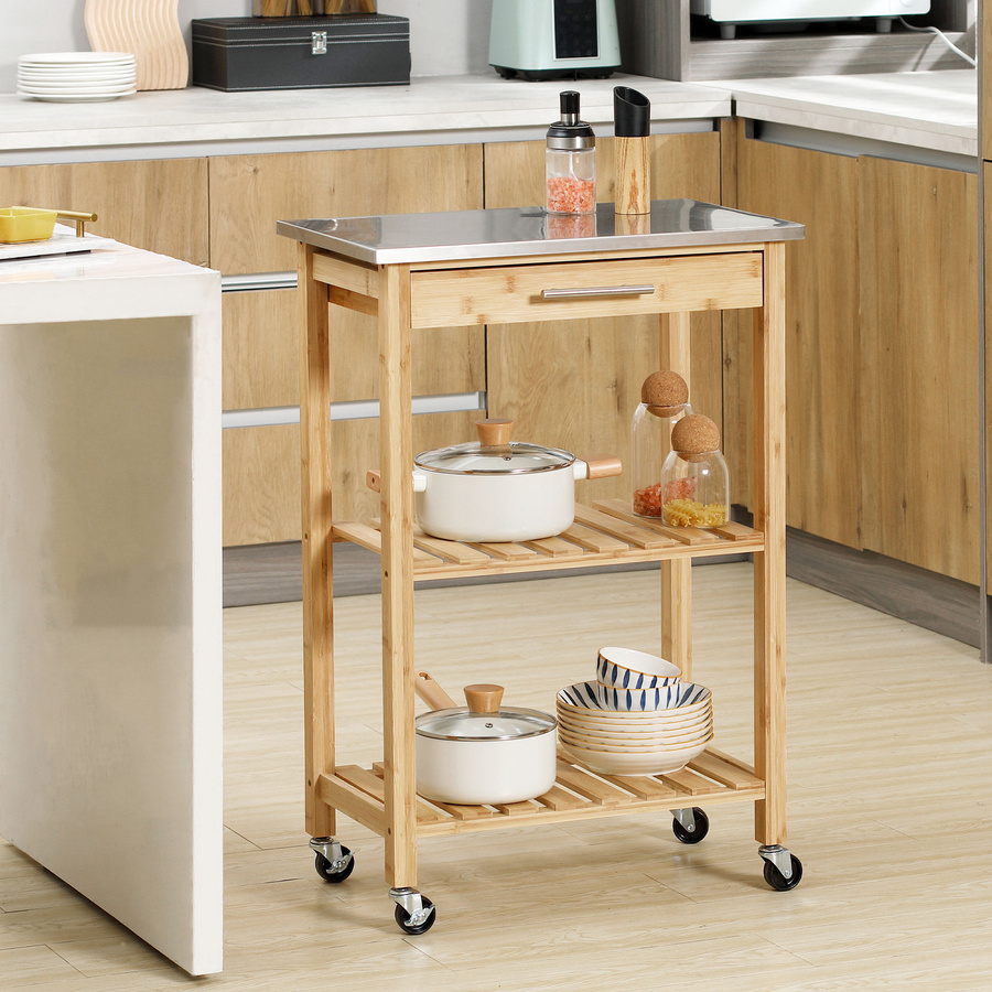 HOMCOM Küchenwagen aus Bambus mit Edelstahlplatte, Schublade und Lattenregalen, platzsparender Servierwagen mit Rollen für Küche und Wohnzimmer, Natur/Beige - Bild 2