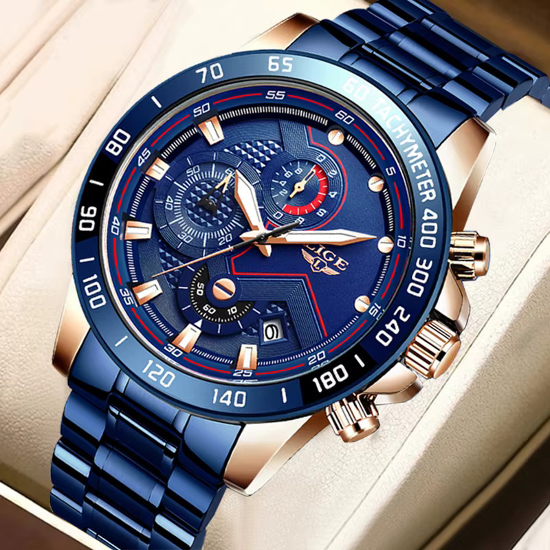 Lige Armbanduhr Chronograph, Quarz, Edelstahl, Blau, Herren - Bild 5