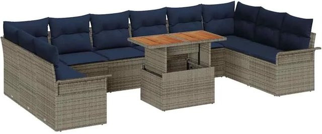 vidaXL Gartensofa-Set aus Poly-Rattan in Grau und Marineblau mit 11 Teilen, U-Form mit Polsterung und Stauraum-Funktion - Bild 1