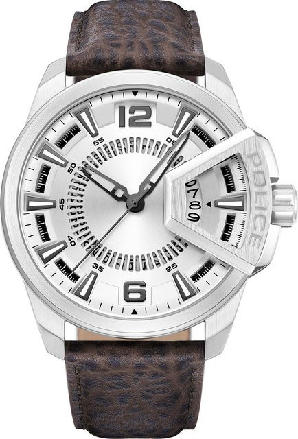 Police Herrenuhr, Quarz, Edelstahl, 46 mm, Leder, Silber, 5 ATM - Bild 1
