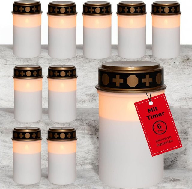 Novaliv LED Grablichter Set mit Timer und flackernder Flamme, Weiß, 10 Stück - Bild 1
