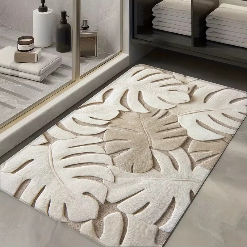 VIKAMA Geprägte Pflanzenblatt-Fußmatte in Grau und Beige, rutschfester und saugfähiger Badezimmerteppich im minimalistischen Design - Bild 2