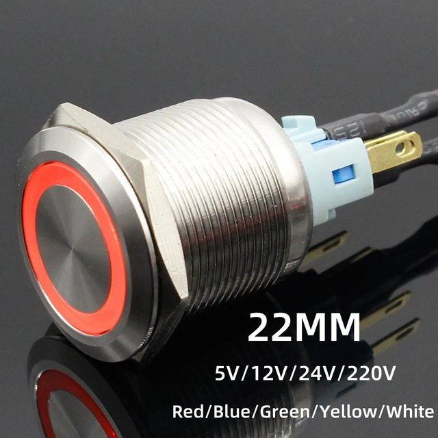 ELECAPITAL LED Power Push Button Schalter aus Metall mit IP65 Wasserdichtigkeit, 22mm Durchmesser, wählbar als Momentary oder Rastend, für 5V 12V 24V 220V - Bild 1