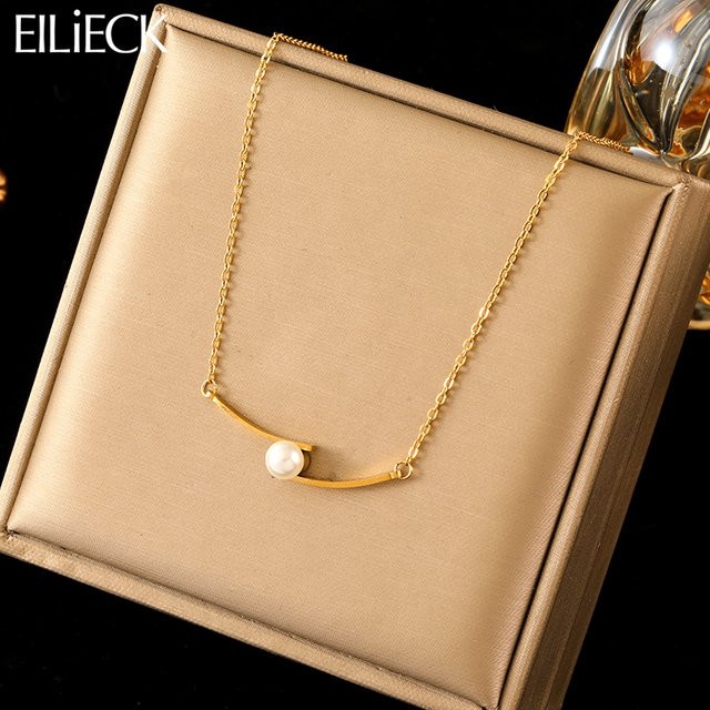 EILIECK Halskette Edelstahl, Perle, Gold, Damen - Bild 1