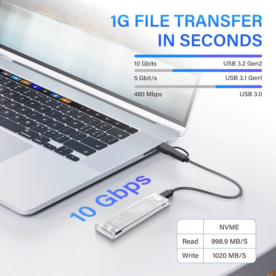 Congdi M.2 Externes SSD-Gehäuse für NVMe und SATA NGFF, USB Typ C, 5/10Gbps, Transparent - Bild 2