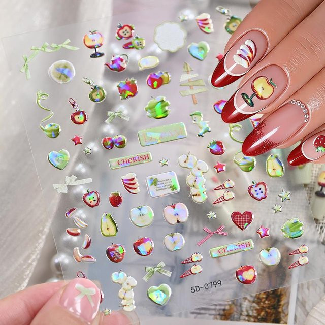 MAFANAILS Nagelaufkleber, 5D Holographisch, Apfel-Herz-Schleife, Glänzend, Unisex - Bild 1