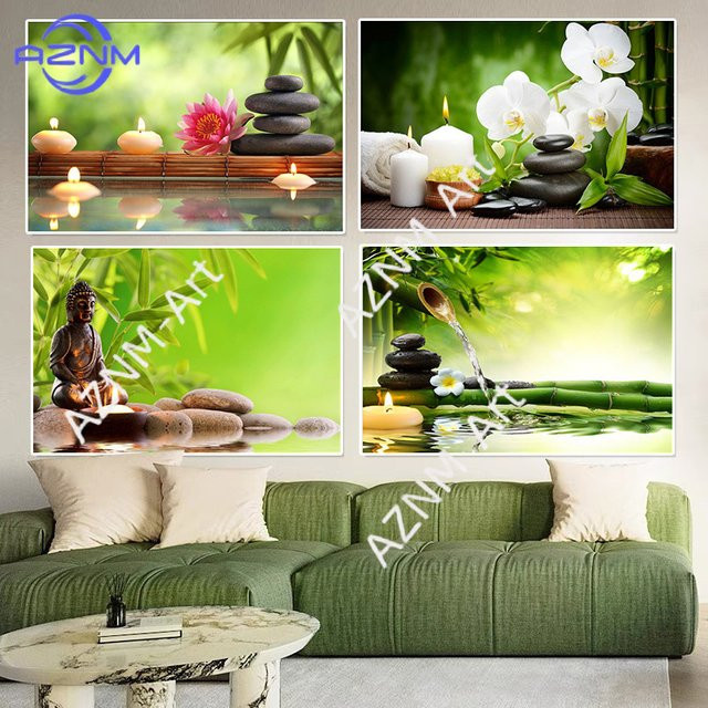 KAYOU ZEN Wandkunst Poster mit Stein, Bambus und Wassertropfen in Grün und Multicolour als Leinwand HD-Druck für deine Meditation und Heim-Dekoration - Bild 1