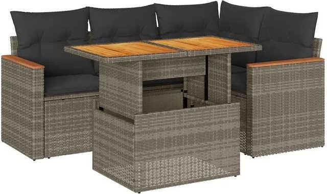 vidaXL 5-teilige Garten-Sofagarnitur aus Poly-Rattan und Akazienholz in Grau mit Kissen - Bild 1