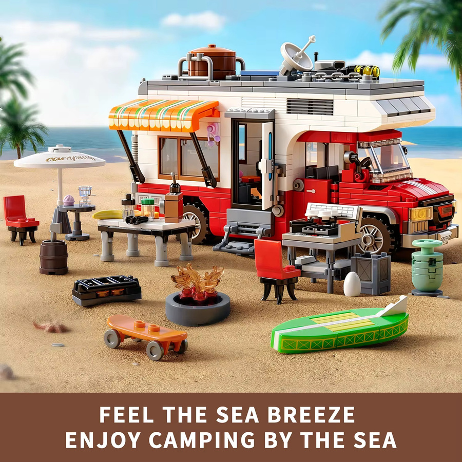 CONUSEA Urlaubs-Campingbus-Bausatz, Wohnmobil-Modell, mit LED-Beleuchtung und Outdoor-Grillzubehör - Bild 5