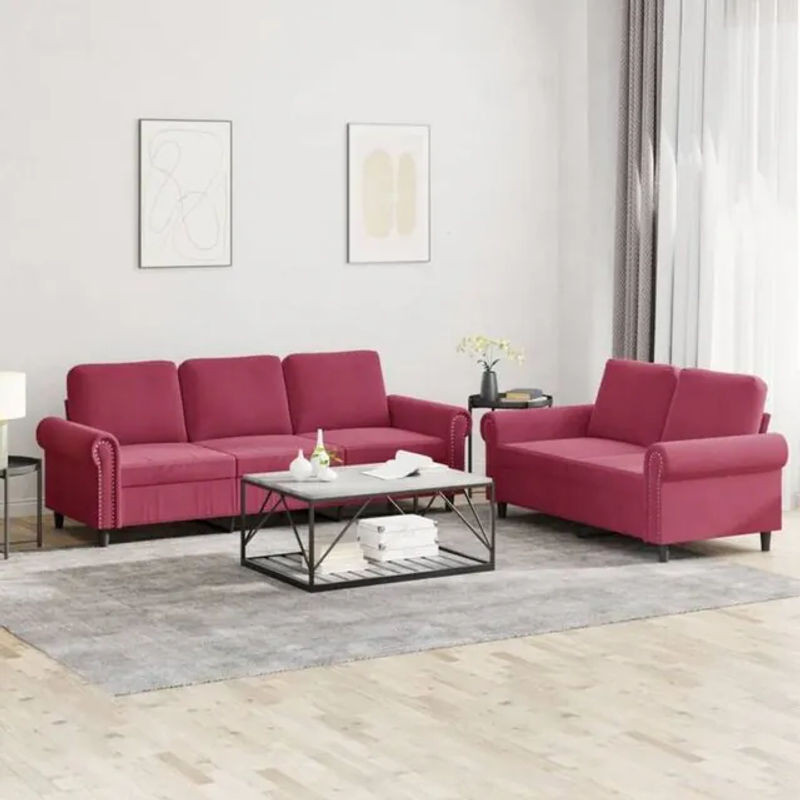 2-teilige Sofagarnitur aus Samt mit Kissen in Weinrot von Vidaxl im klassischen Design - Bild 1