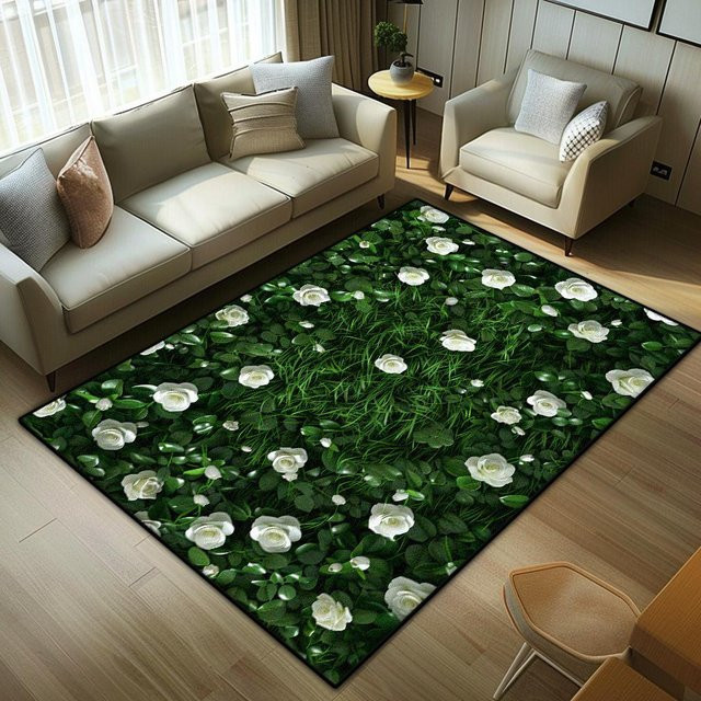 Karpetti Wohnzimmer Teppich mit Blumenmuster in Grün, weiche und rutschfeste Bodenmatte aus Polyester, B/T: 120 x 80 cm - Bild 1
